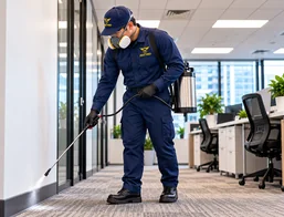 Pest control technician treating an office building interior