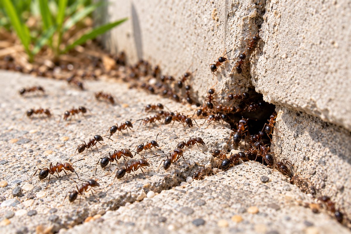 Pavement ants entering a foundation crack