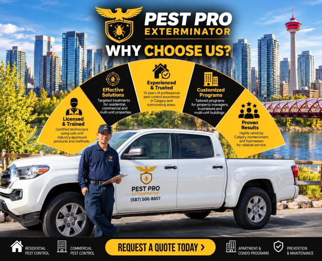 Pest Pro Exterminator technician and branded truck in Calgary