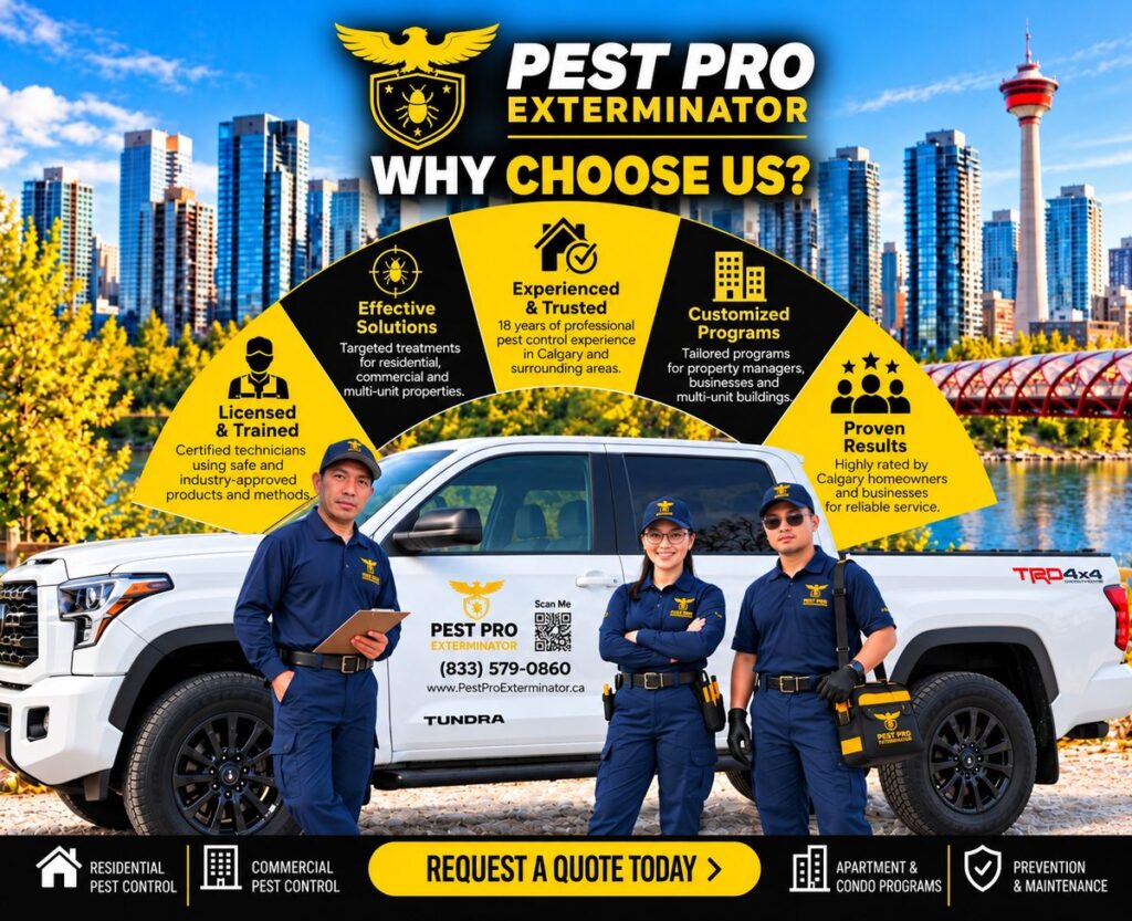 Pest Pro Exterminator Calgary team in uniform beside a branded service truck, showcasing residential, commercial, and condominium pest control services.