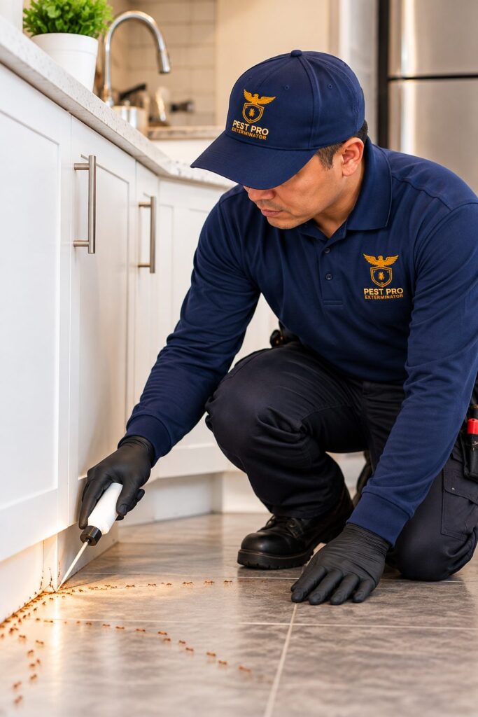 Pest control technician in Pest Pro Exterminator uniform treating Pharaoh ants along a kitchen cabinet baseboard in Calgary.