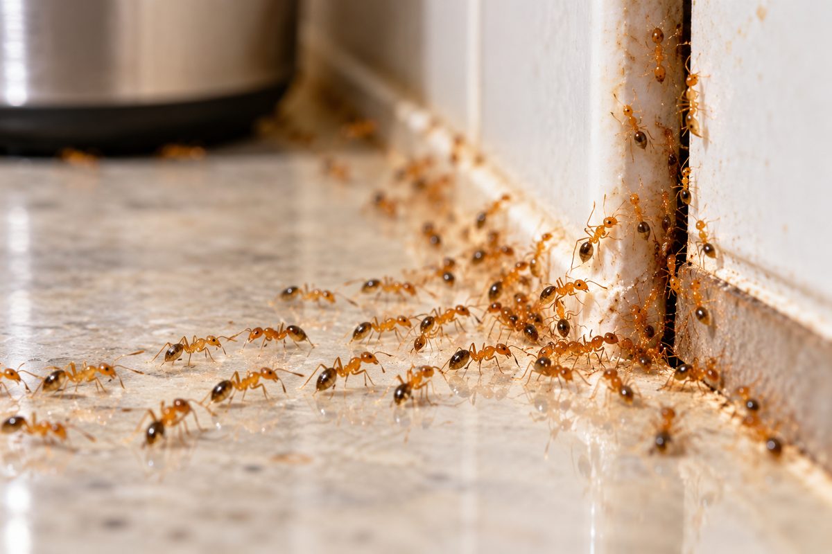 Pharaoh ants trailing along a kitchen crevice