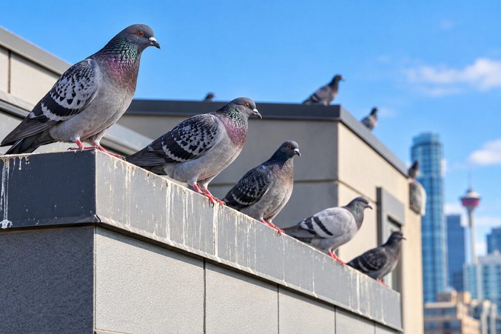 Pigeons perched along a building rooftop ledge, illustrating pigeon roosting activity and the need for pigeon control in Calgary.
