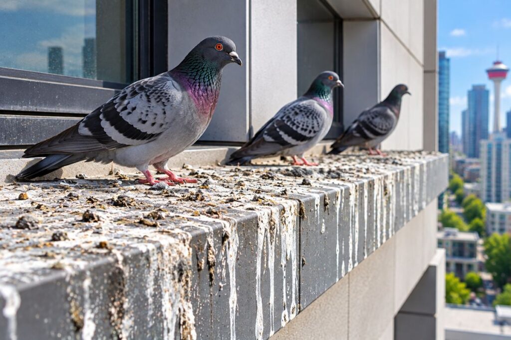 Pigeons perched on a building ledge covered with accumulated bird droppings.