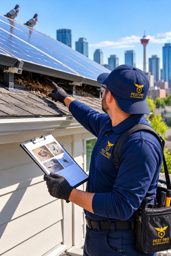 Pest Pro Exterminator technician inspecting pigeon nesting activity beneath rooftop solar panels.