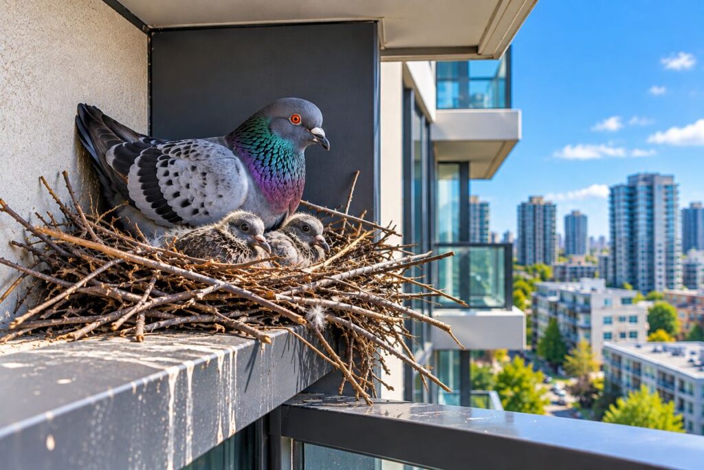 Pigeon nesting with two chicks on a sheltered apartment balcony ledge.