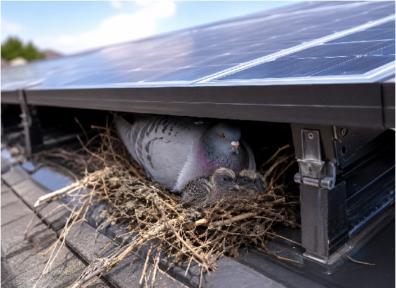 Pigeon nesting with chicks beneath a rooftop solar panel installation.