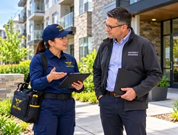 Female pest control technician discussing pest management with a property manager