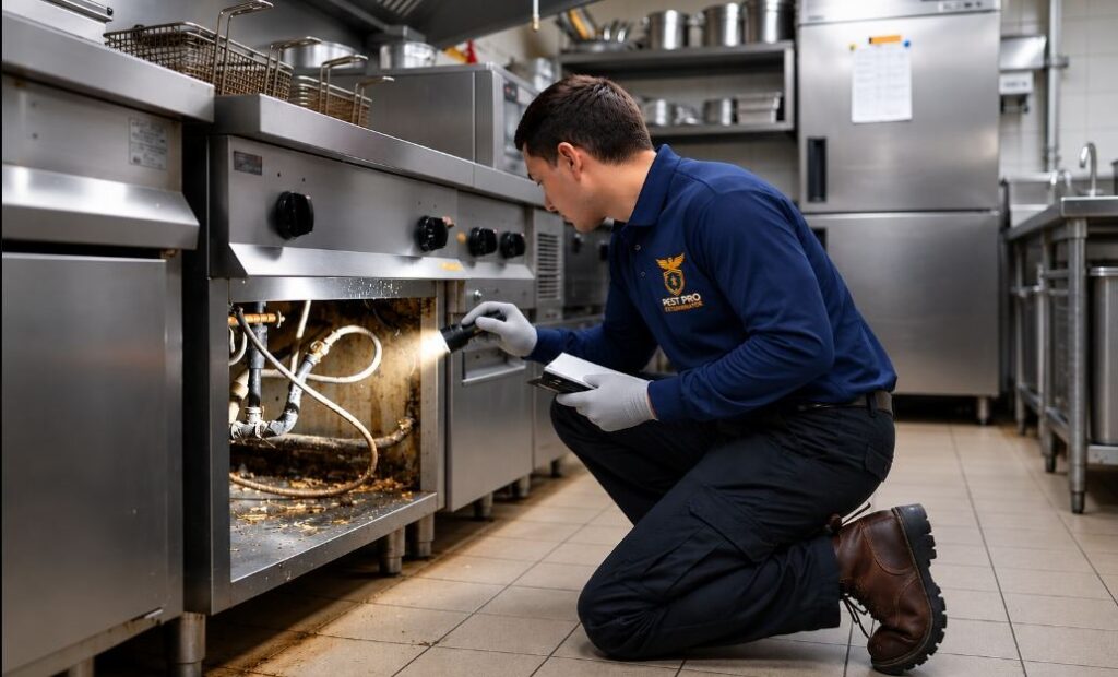 Pest Pro Exterminator technician inspecting beneath commercial kitchen equipment.