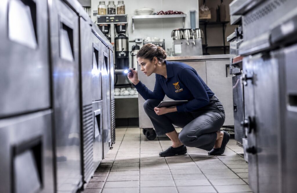Female Pest Pro Exterminator technician inspecting commercial kitchen equipment with a flashlight.