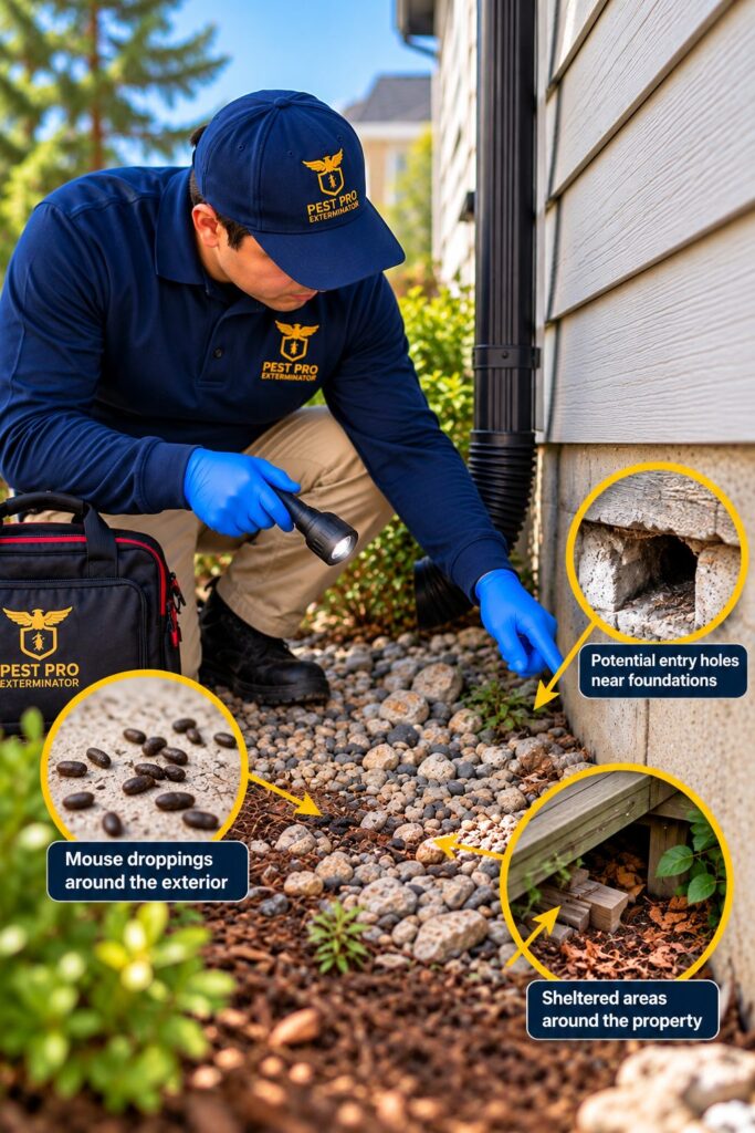 Pest control technician inspecting potential rodent entry holes and sheltered areas beside a home foundation.