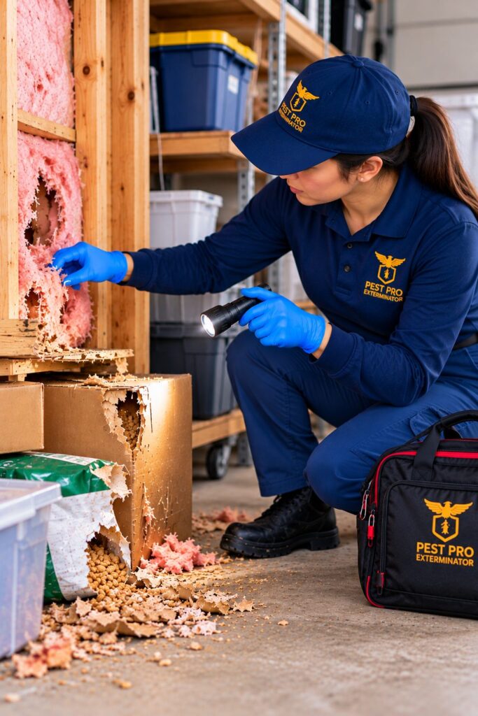 Female pest control technician inspecting rodent damage to insulation and cardboard boxes.