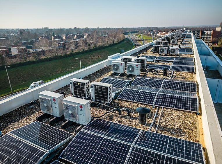 Commercial rooftop with solar panels and HVAC equipment requiring bird exclusion and pigeon prevention.