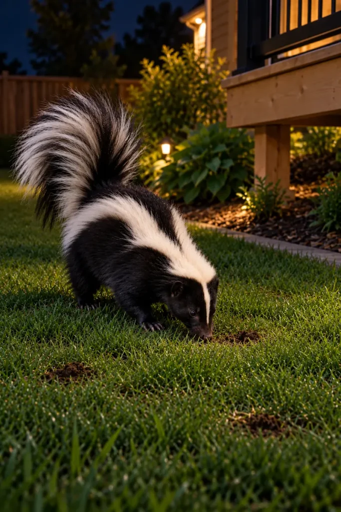 Skunk digging small, shallow holes in a Calgary backyard lawn at night.