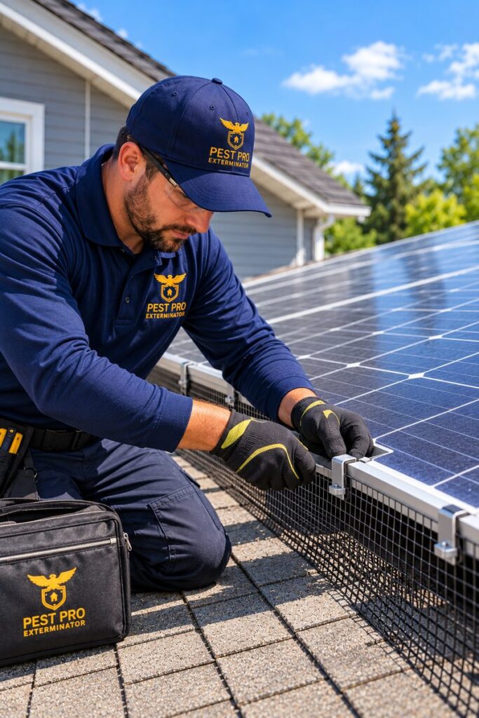 Pest Pro Exterminator technician attaching bird exclusion mesh beneath solar panels using clips.