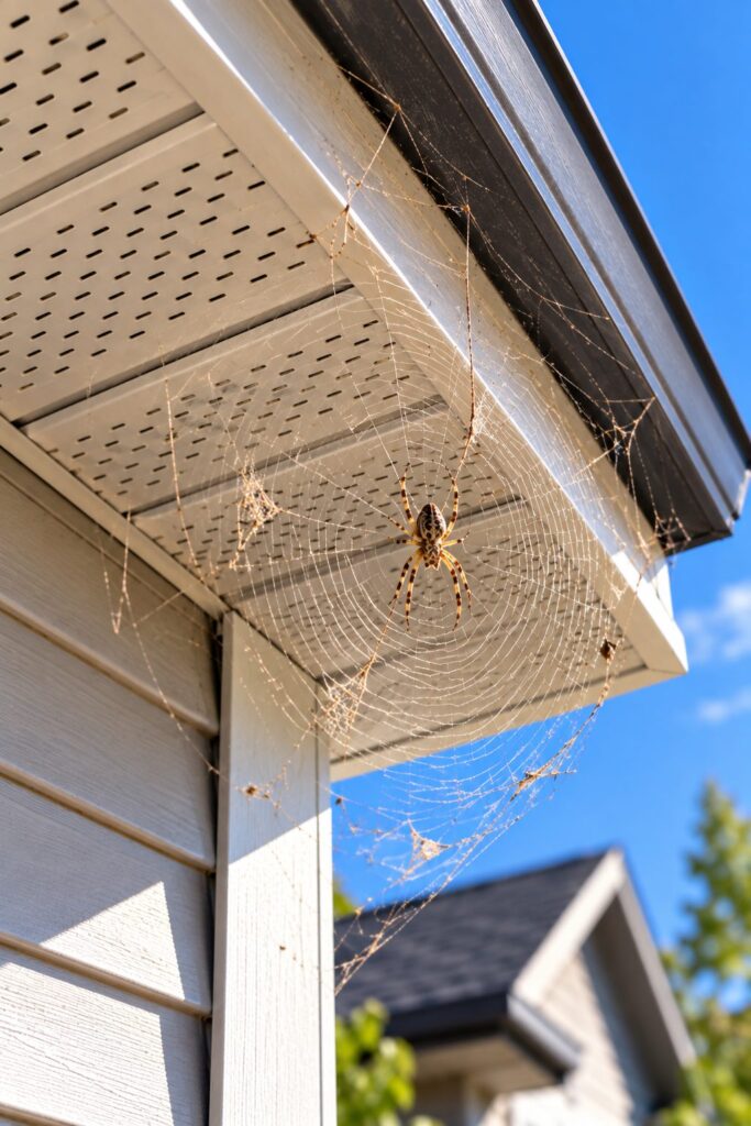 Spider web and spider under a house soffit in Calgary