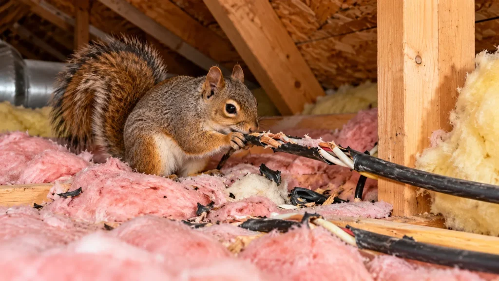Squirrel chewing damaged electrical wiring in an attic surrounded by torn insulation.