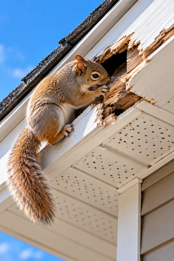 Squirrel chewing damaged wooden fascia and soffit beneath a residential roof.