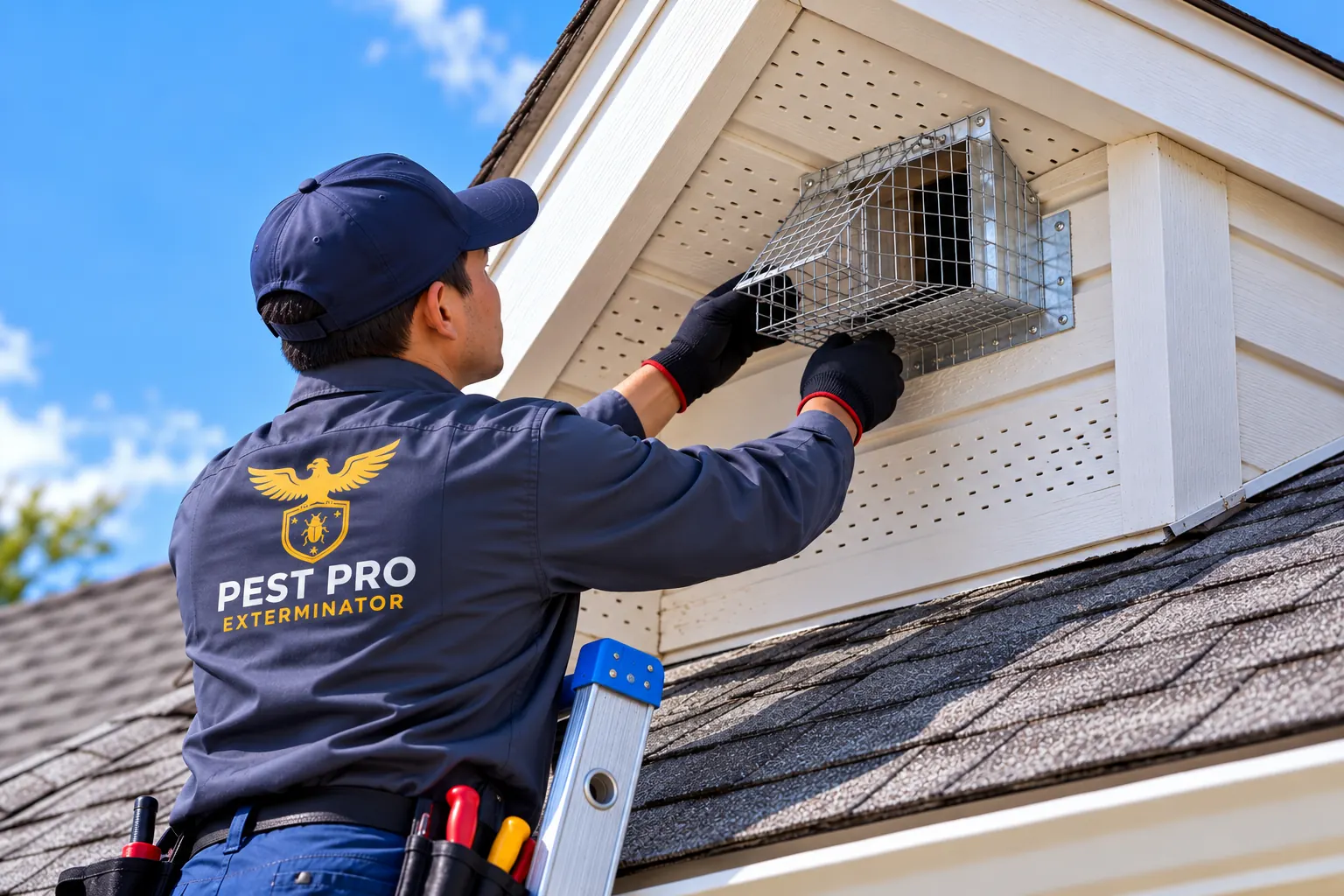 Pest control technician installing a squirrel exclusion cage over a roof soffit vent on a bungalow.