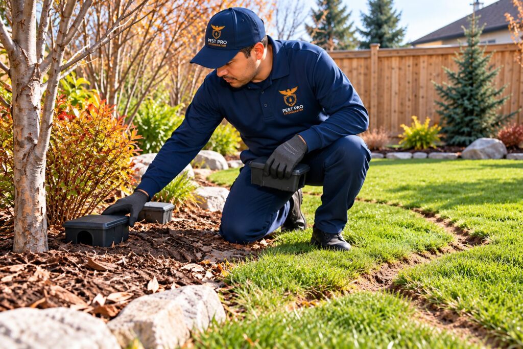 Pest Pro Exterminator technician inspecting a residential backyard and placing rodent control stations beside a garden bed
