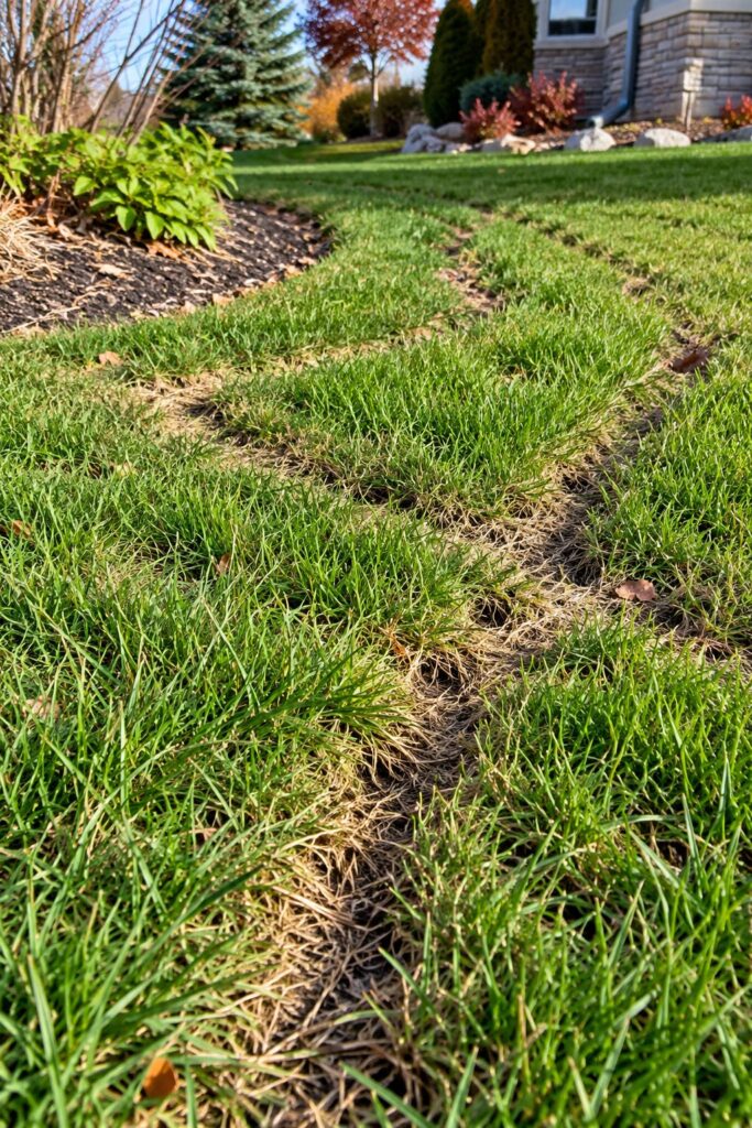 Narrow vole runways through grass in a residential lawn