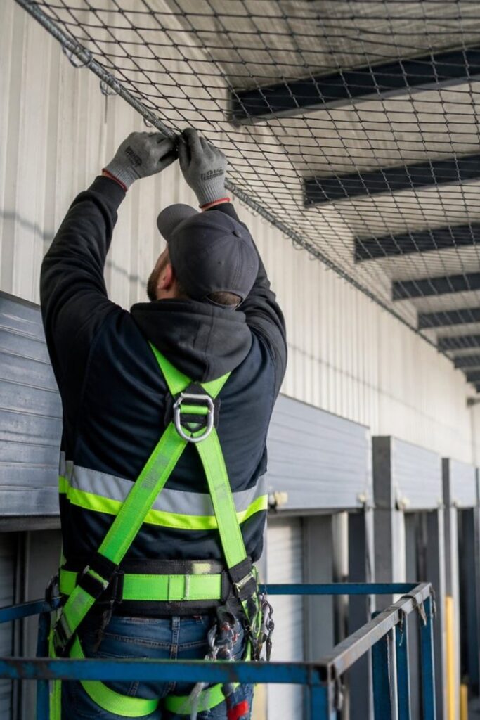 Technician installing bird exclusion netting beneath a commercial warehouse roof.