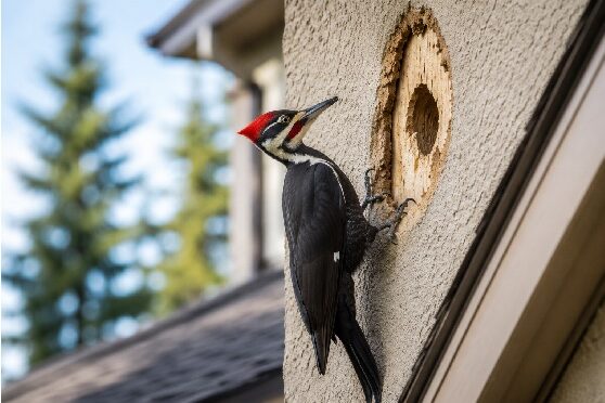 Pileated woodpecker creating a hole in the stucco exterior of a Calgary home